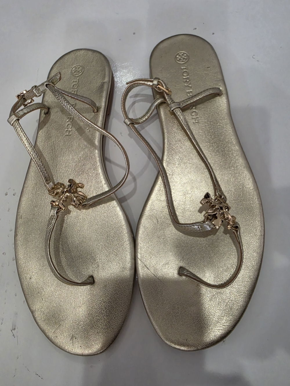 Tory Burch Metallic Gold T-Strap Flat Sandals Size 9.5
